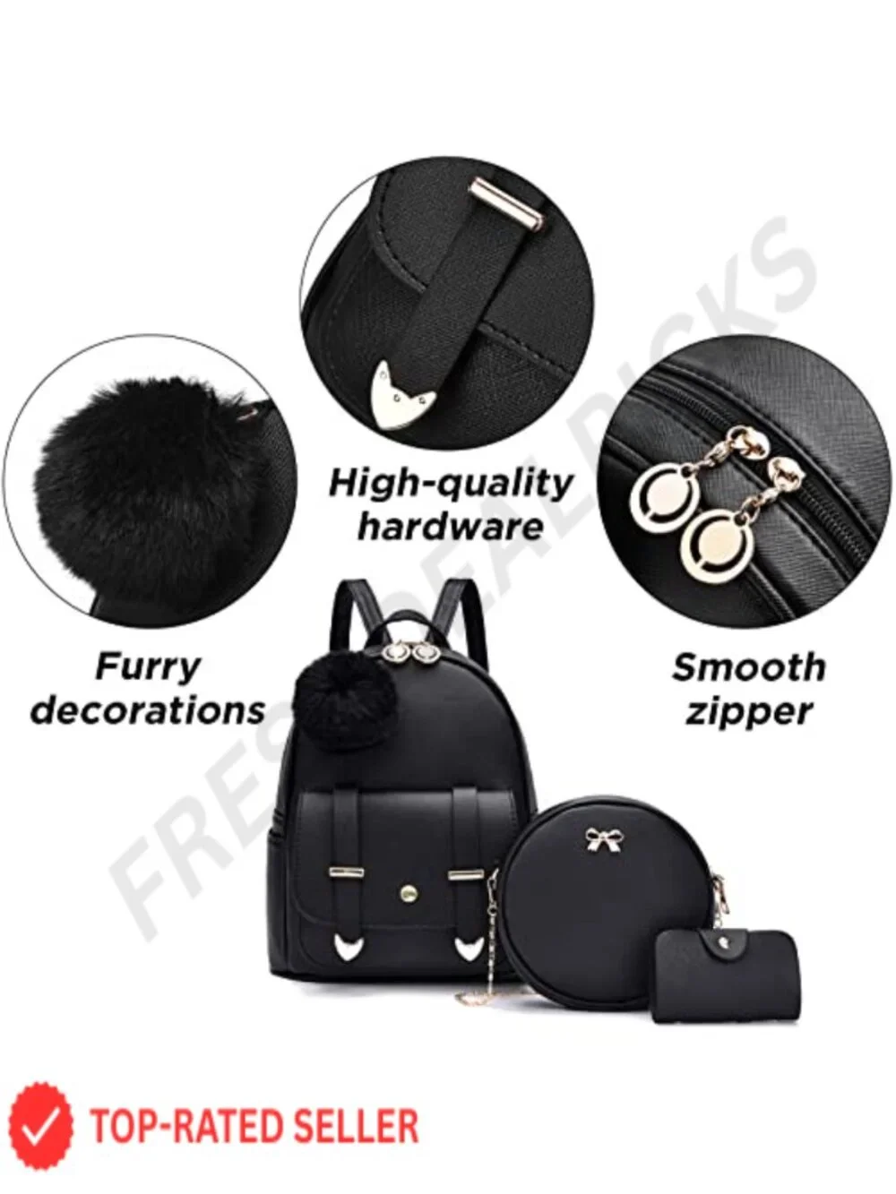 Faux Leather Mini Backpack Purse 3-Piece Set with Pom Pom, Adjustable Straps,